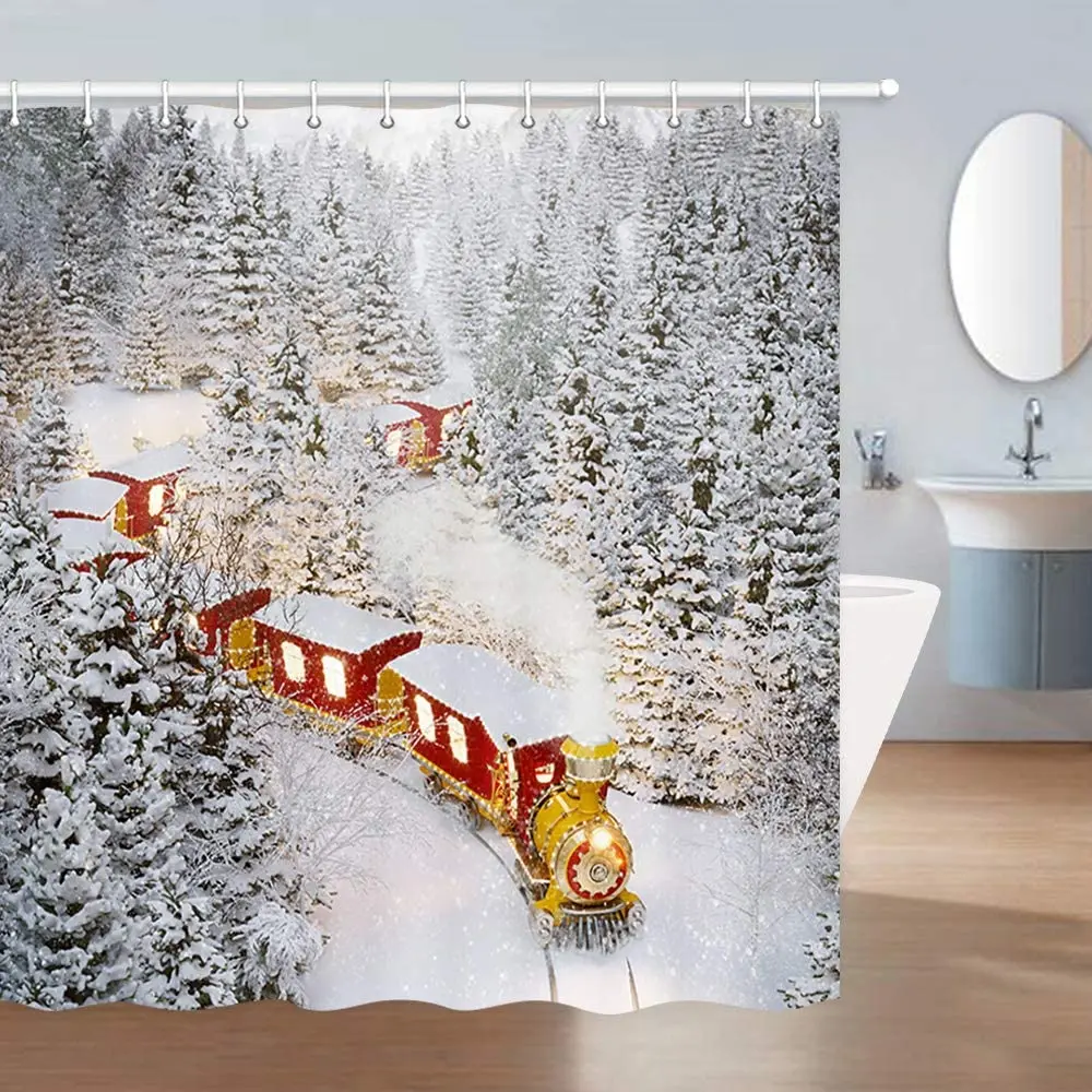 Winter Holiday Shower Curtain Christmas Train Goes Through Fantastic Winter Forest Polyester Fabric Bath Curtains with Hooks