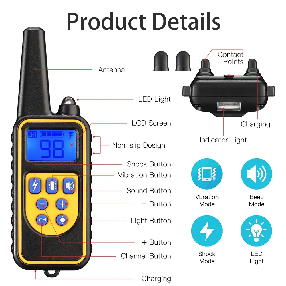 800m Digital Dog Training Collar Waterproof Rechargeable Remote Control Pet with LCD Display for All Size Shock Vibration Sound