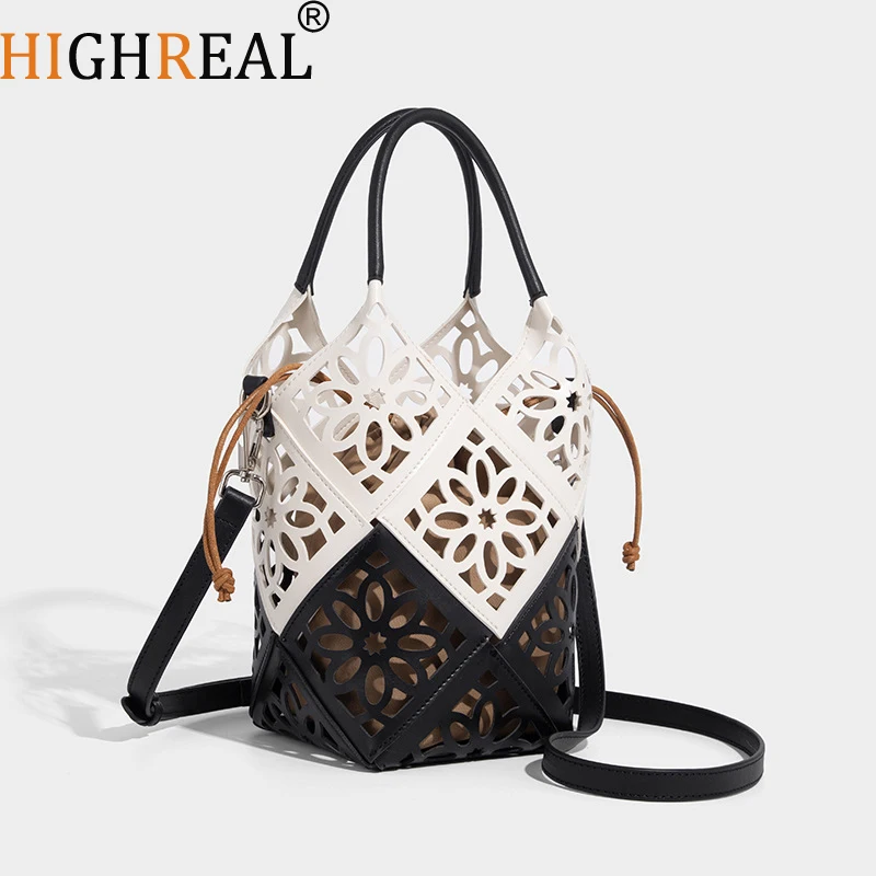 

Chinese Style Mini Bucket Bags For Women Luxury Designer Handbags Purses New In PU Hollow Flower With Inner Pocket Shoulder