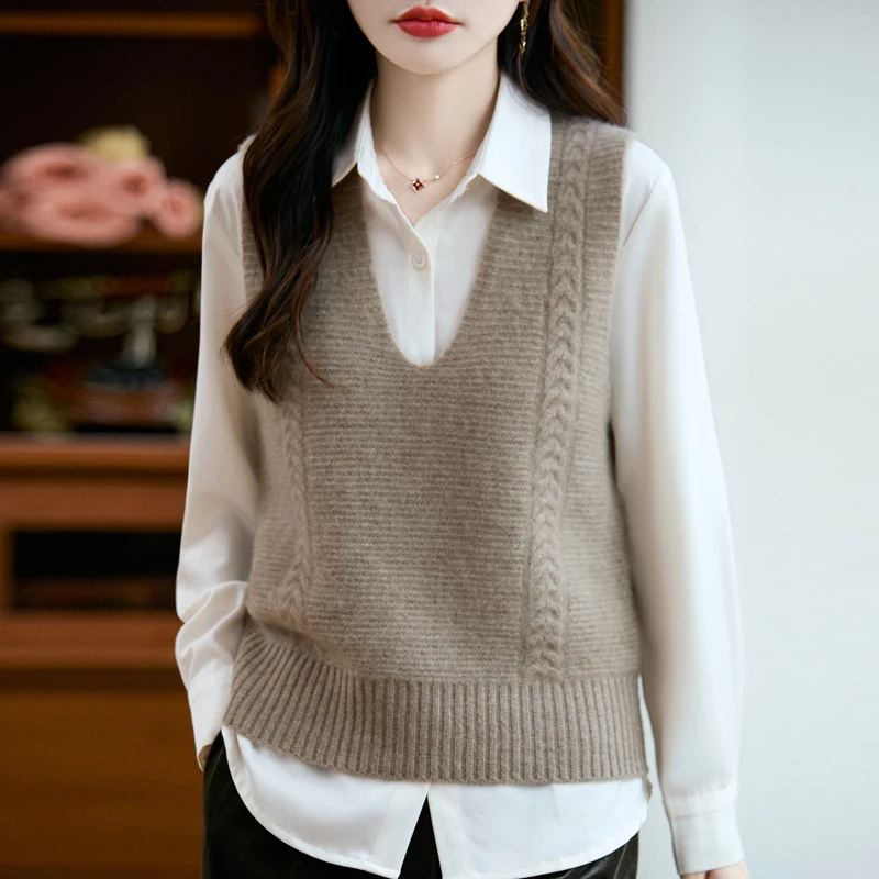 100%ピュアウール レディース 秋冬 セーターベスト 2025 ファッション Vネック ノースリーブ ニット プルオーバー ベスト 女性用 ルーズ ジャンパー トップス
