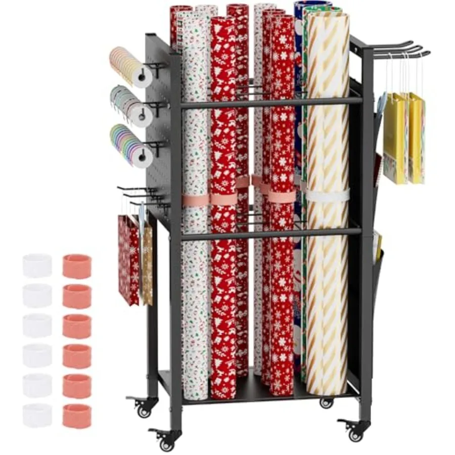 

Wrapping Paper Storage Organizer with Wheels Gift Wrap Storage Station with Ribbon and Gift Bag Storage Rolling Craft Storage C