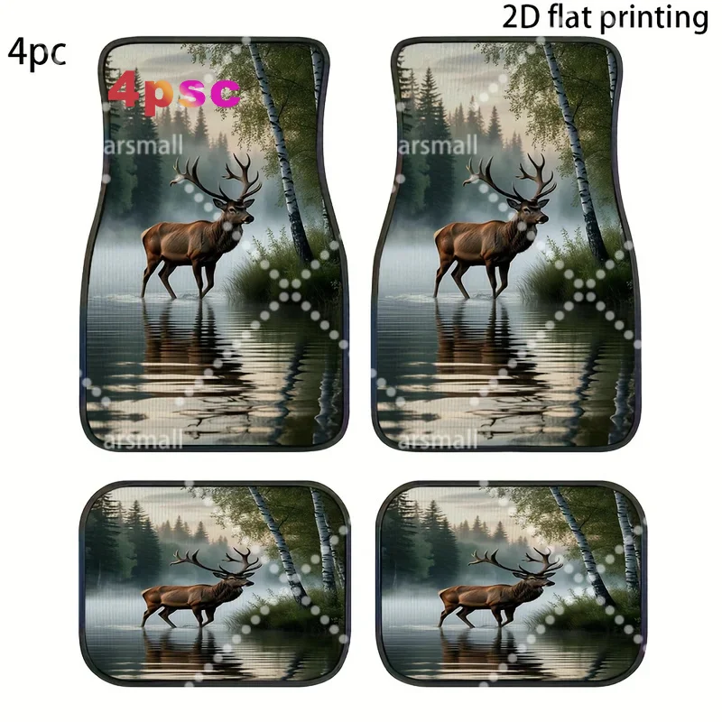 4pcs Car Floor Mats, Forest Pattern With Deer Silhouette In The Morning Mist, Made Of Polyester Fiber, Universal Car Mats, Autom