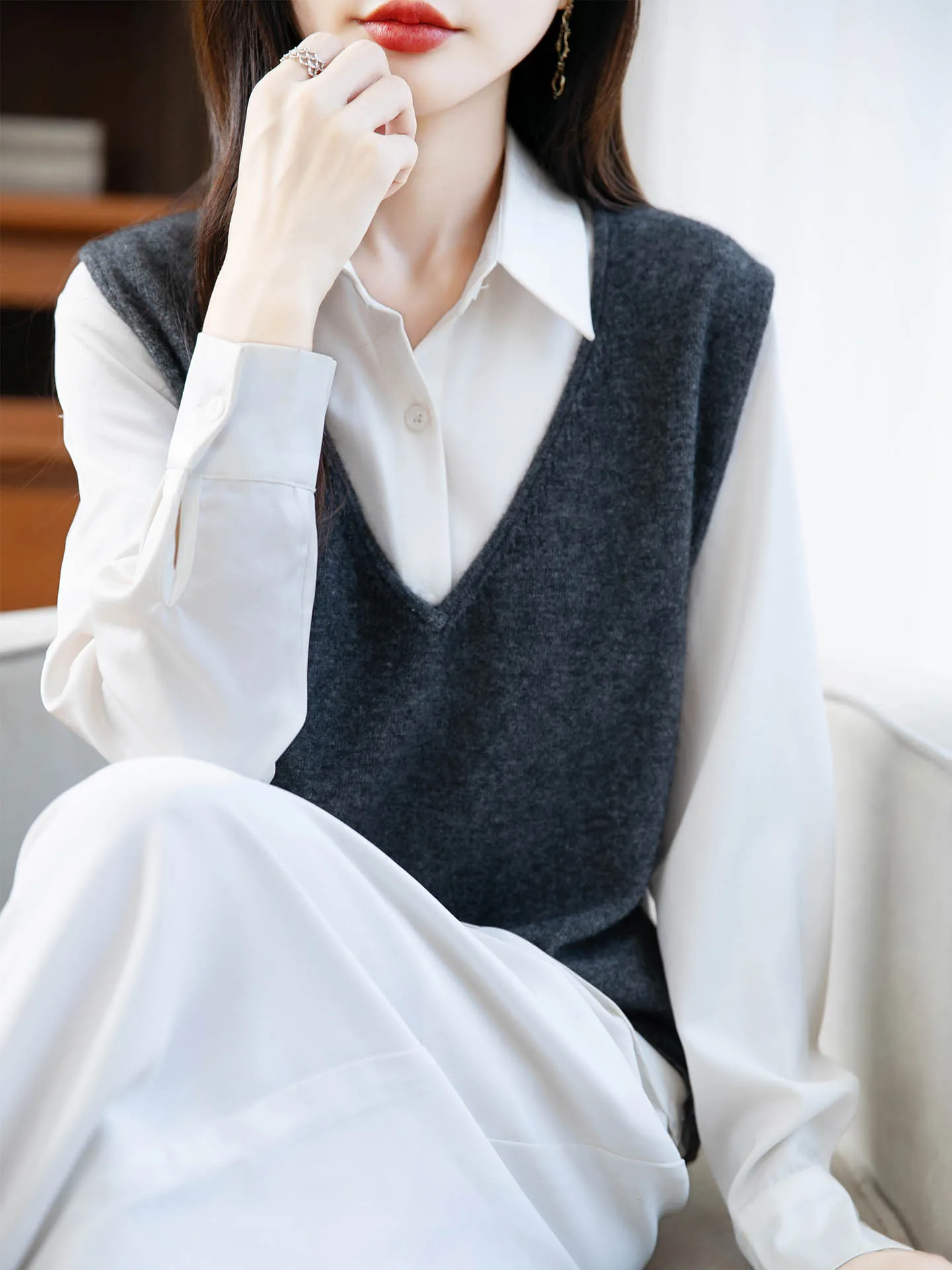 المرأة 100% ميرينو الصوف للنساء سترة بلا أكمام الخامس الرقبة الخريف الشتاء نمط جديد البلوز الصلبة فضفاضة مريحة الكشمير