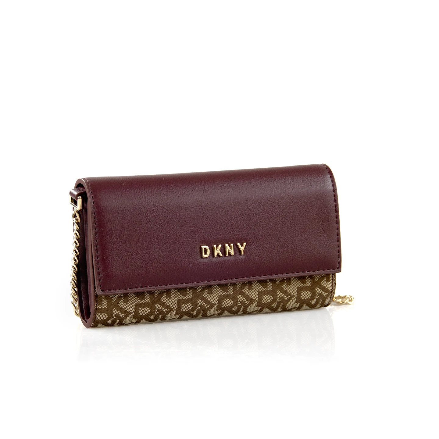 DKNY Printed Monogram Womens Chain Crossbody Bag Gold Hardware Logo Flap Closure Multi Card Slots Coin Pocket Daily Purse