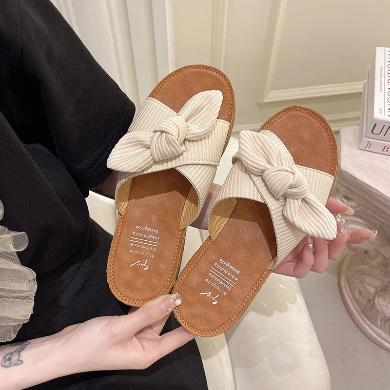 Sandalias planas informales con lazo para mujer, zapatillas de verano, chanclas de verano