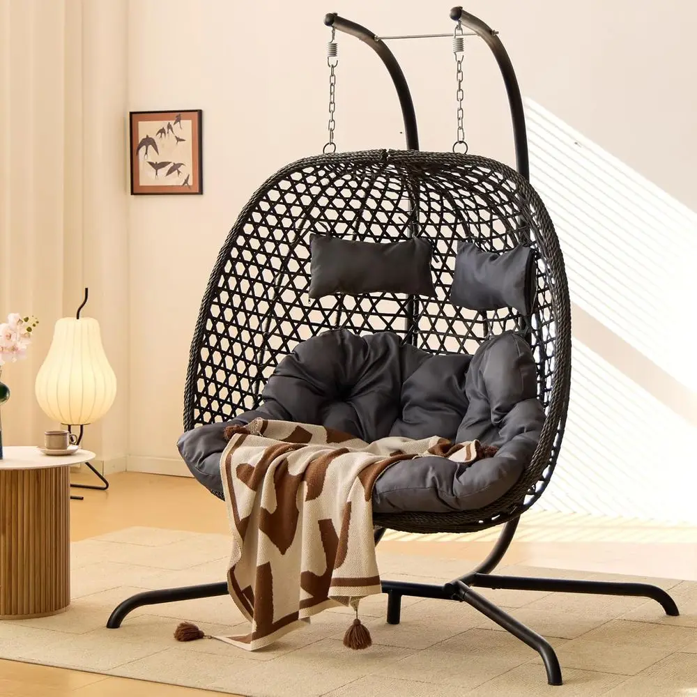 

2-Person Outdoor Wicker Egg Swing Chair with Removable Cushions, Hexagonal Stand, and Loveseat in Grey