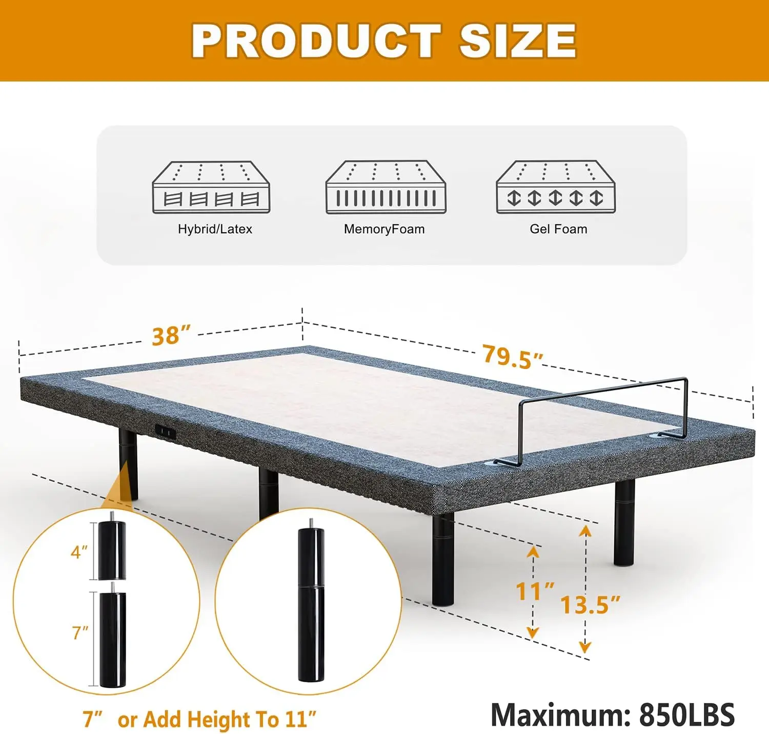 Adjustable Bed Frame Twin XL Quick Assembly Adjustable Bed Base Electric Bed Frame with Wireless Remote Independent Head and Foo