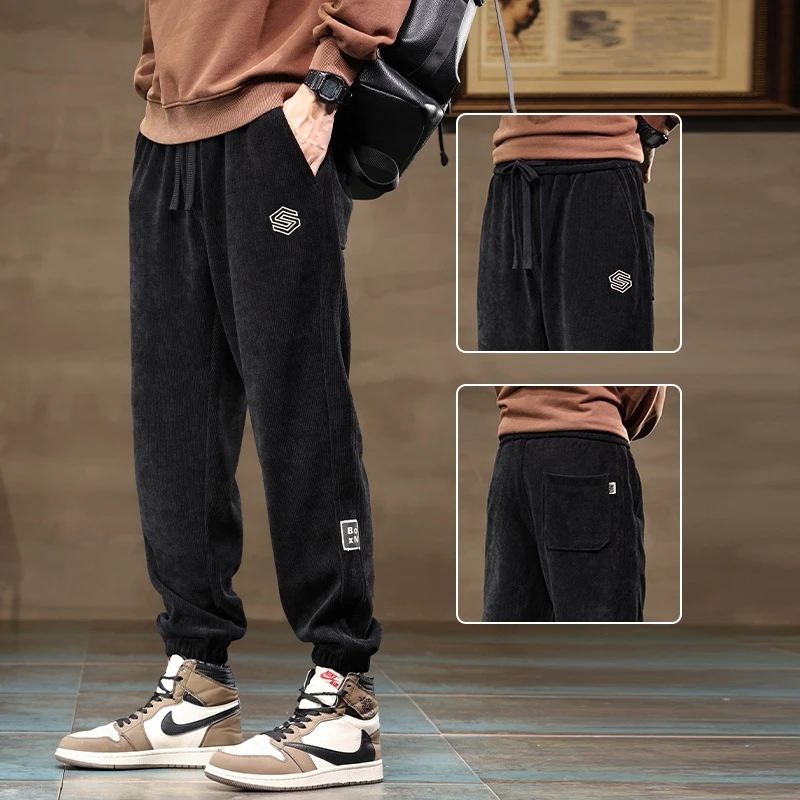 Men's Casual Corduroy Sweatpants Autumn Winter Loose Fit Durable Large Size Cargo Pants Youthful Sle Long Trousers