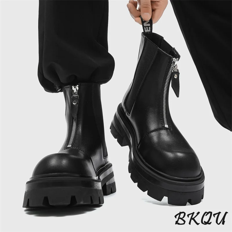 

BKQU Chelsea Boots Men 2024 autumn English high locomotive thick sole mid-help knight height leather smoke boots