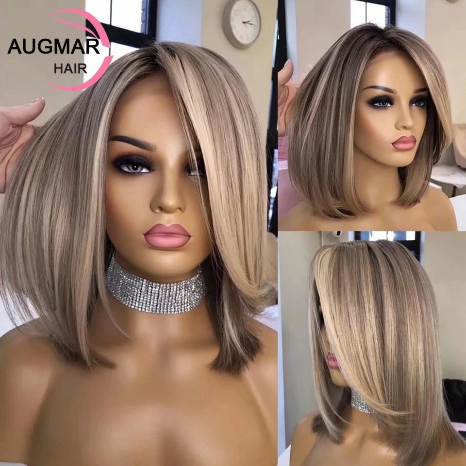 

13x4 Brown Bob Wig Lace Front Human Hair Wigs Short Straight 360 13x6 HD Lace Frontal Wig Ash Blonde Highlight Wig Human Hair