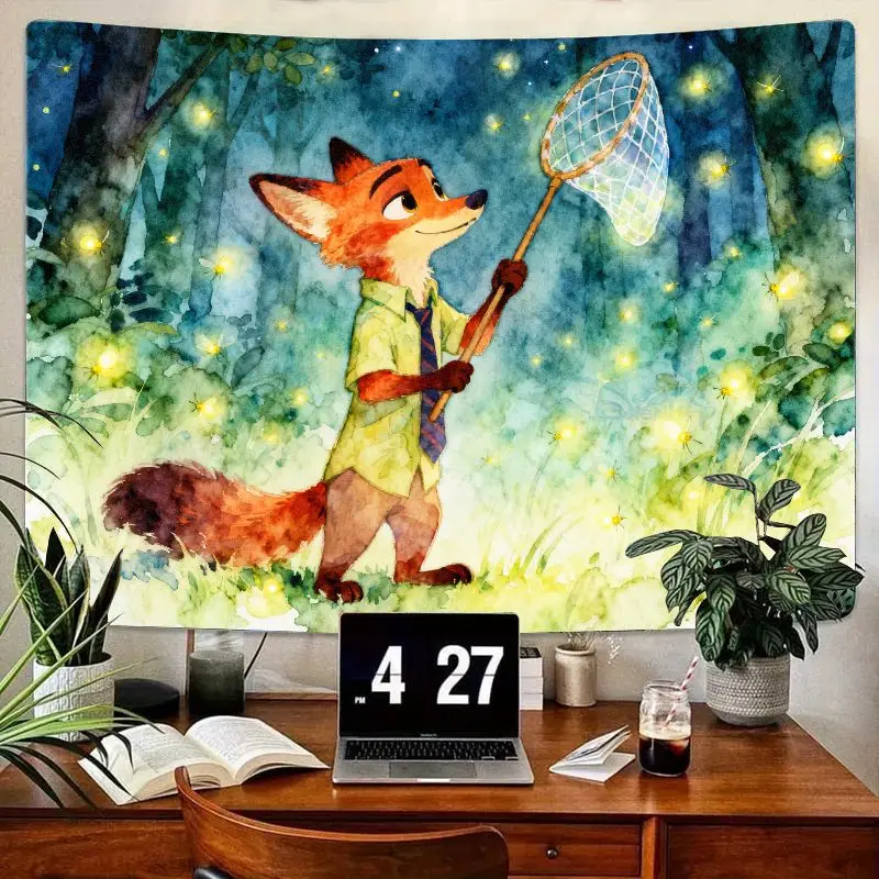 

1 шт. акварельный гобелен из полиэстера с лисой и светлячком, настенное искусство «Причудливый лес», декор в общежитии с милыми мультяшными животными, современная гостиная в спальне