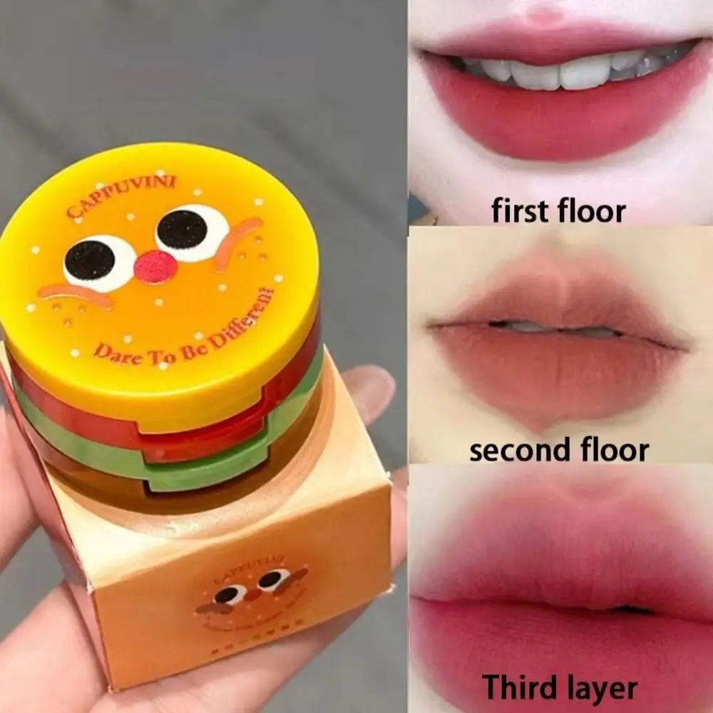 Cartoon 3-in-1 Velvet Lip Mousse Long-Lasting Non-Drying Lip Gloss Matte Hamburger Design Lip Clay Lip Makeup Tool