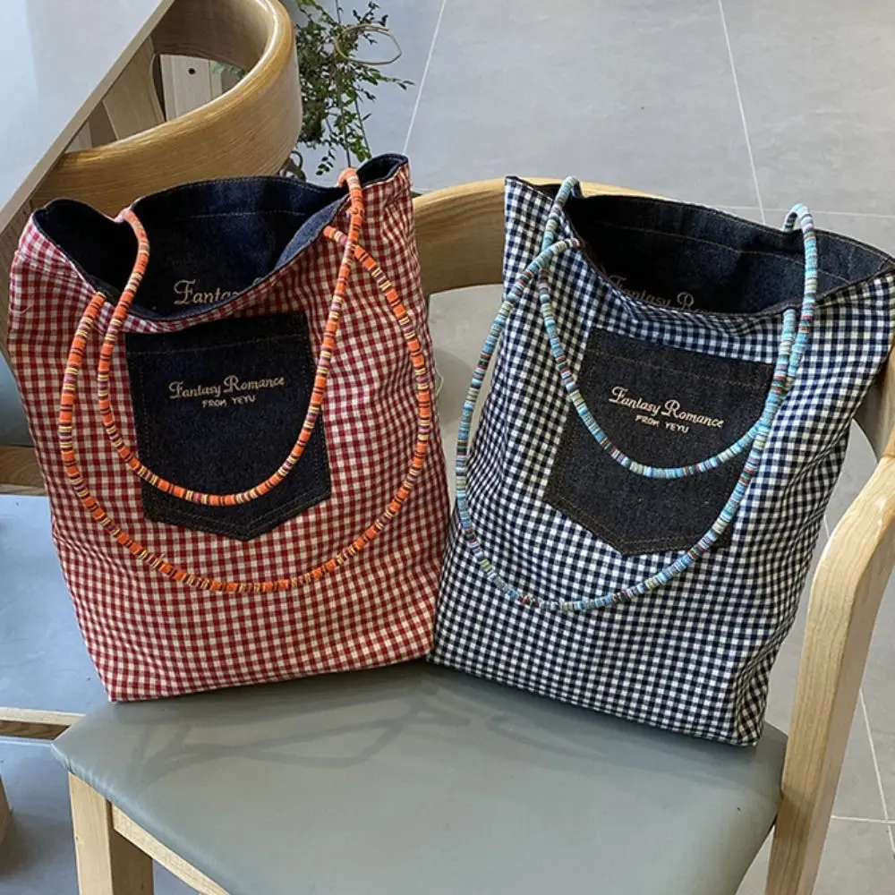 

Cloth Double Sided Plaid Canvas Bag Korean Style Large Capacity Denim Shoulder Bag Handbag Retro Bohemian Messenger Bag Travel