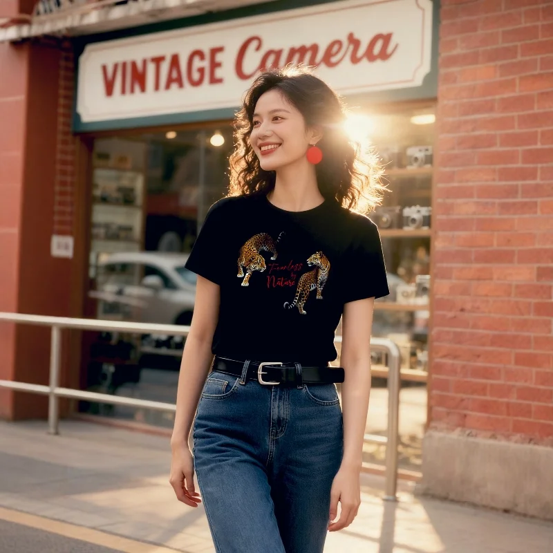 

Fashion designer High quality cotton letters leopard print Women T-shirt Tee