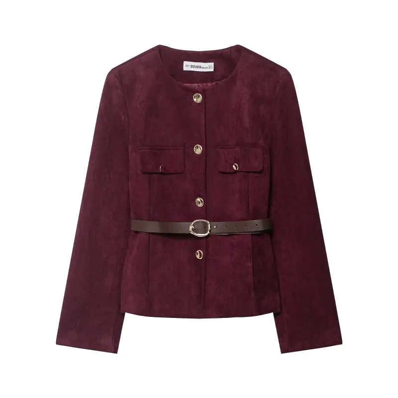 خمر الجلد المدبوغ سطح الملمس الطيار سترة عصرية أنيقة سيدة معطف دافئ س الرقبة كامل الأكمام حزام الشارع الشهير القمم #3