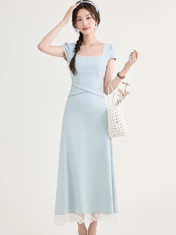 Zomer blauwe bodycon bandage lange jurk vrouwen korte mouw vierkante kraag chique kant lange jurk 2025, Koreaanse vintage luxe vestidos