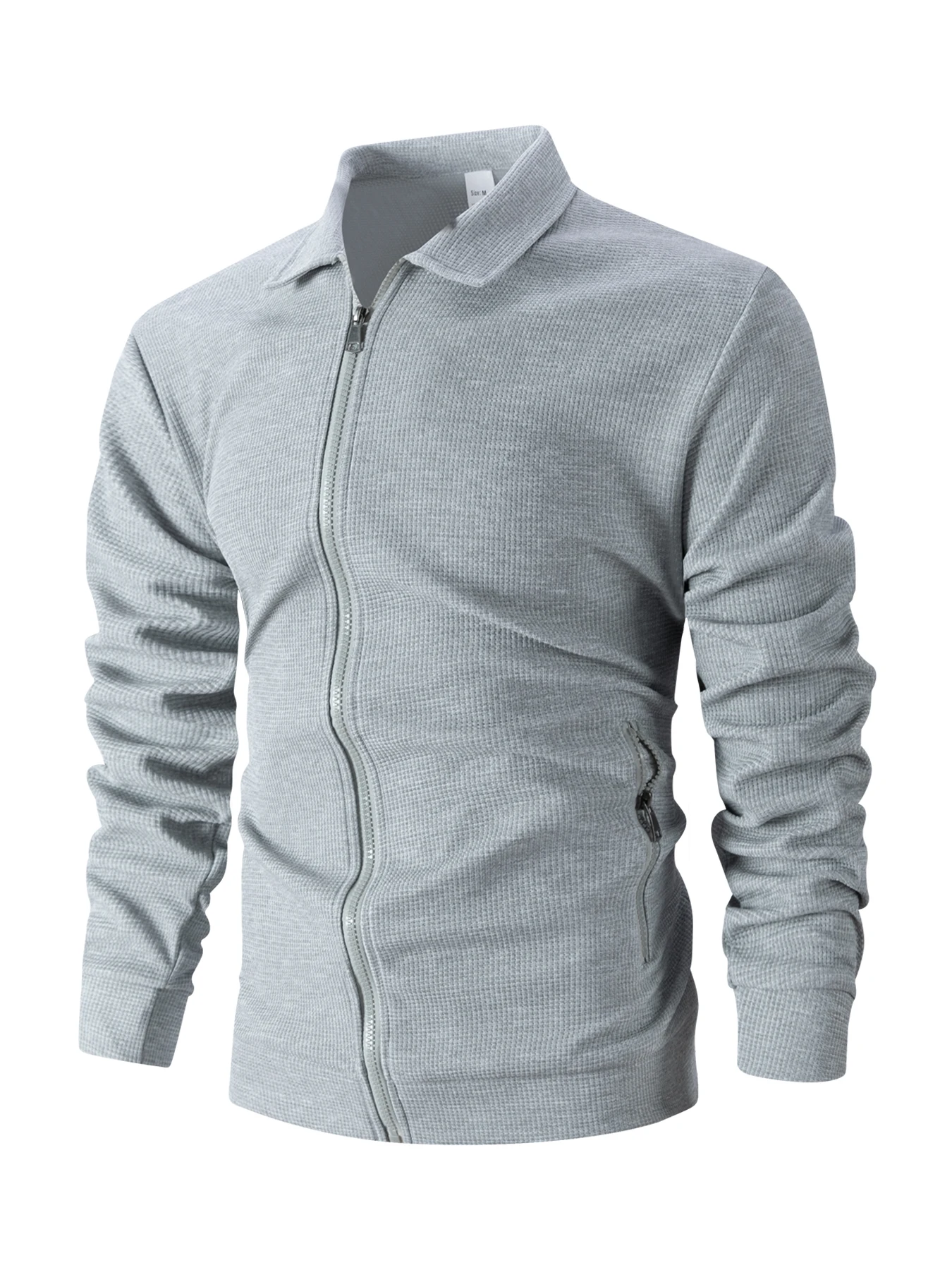 Herren-Waffelstrickjacke mit Knöpfen und Reißverschluss – Langer, lässiger Mantel mit Reißverschluss und Reißverschlusstaschen – unverzichtbar für Einkäufe und Verabredungen – Detail 3