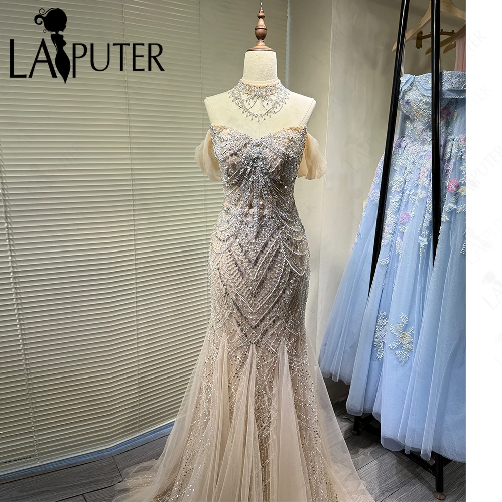 Luksusowe złote suknie wieczorowe w stylu syreny, zdobione kryształkami, z odkrytymi ramionami, sukienka na studniówkę, tiulowa spódnica, złota suknia formalna w stylu gwiazd, kolekcja 2026