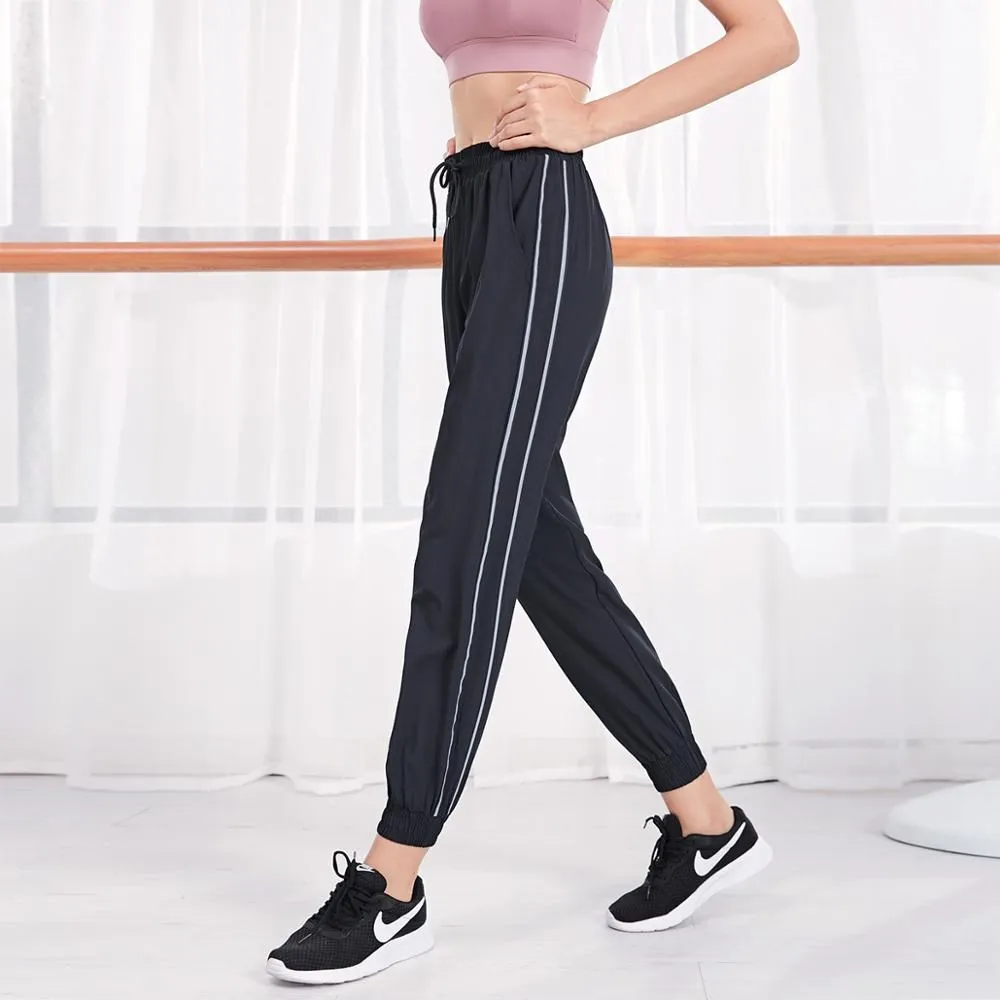 

2025 Summer Women's Stripe Sweatpants Woven Quick Dry Running Jogging Pants Outdoor Workout Excise Trousers Reflective