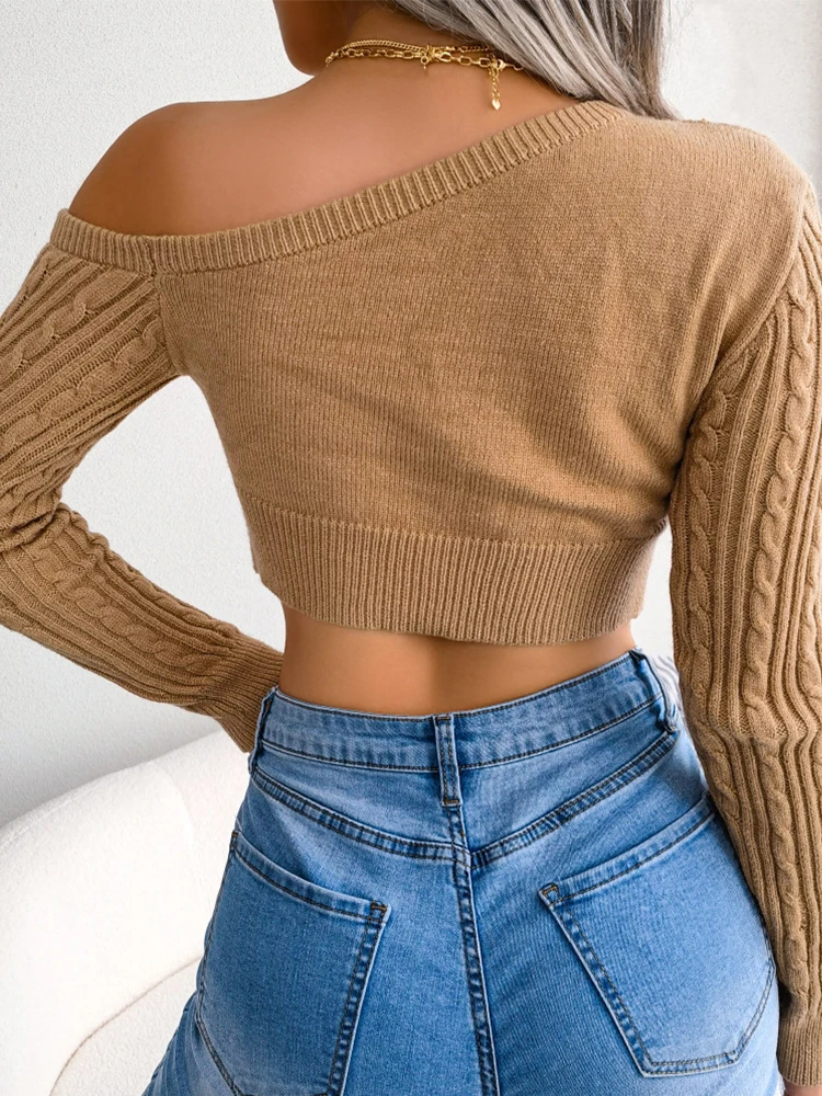 Green Sweater Long Sleeve Pullovers Off Shoulder Cropped Sweaters Jumpers Women Streetwear Solid Slim Purple Y2K Knitted Sweater