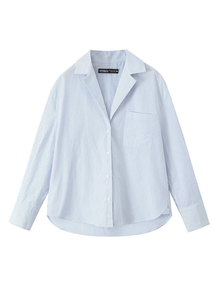 AgreOPU-Chemise rayée Tecpocket ZA pour femme, col à revers vintage, manches longues, boutonnée, chemisiers chics, médicaments, 600