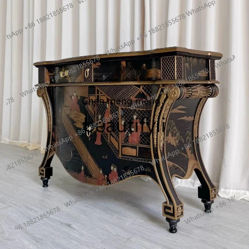 N178 G Medieval entrance cabinet Solid wood dining side cabinet Hand painted foyer Villa storage cabinet Black European style