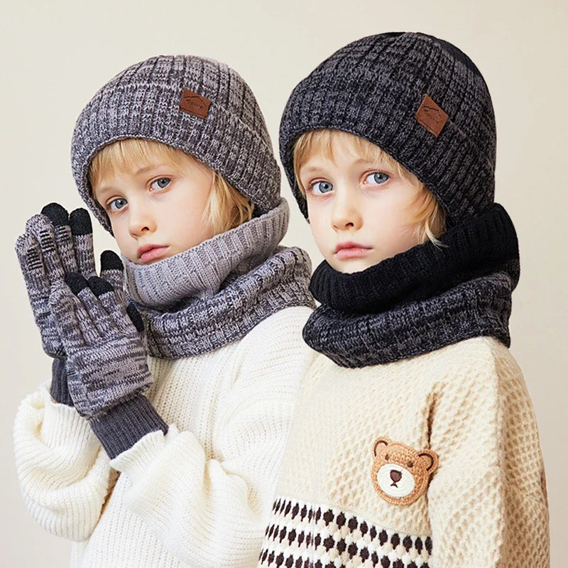 Conjunto de gorro tejido para niños, gorro de invierno con forro de felpa, bufanda, guantes, traje, gorro para niños de 4 a 10 años, 3 uds.