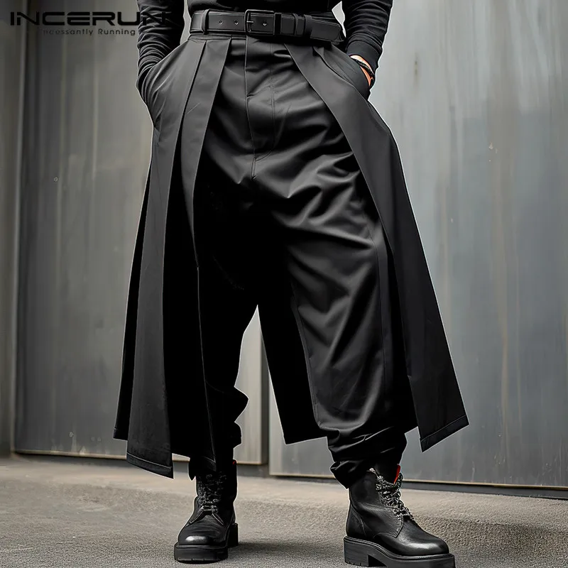 

INCERUN 2023 Korean Style New Men's Pantalons Pleated Layered Design Trousers Fashionable Casual Loose Wide Leg Long Pants S-5XL