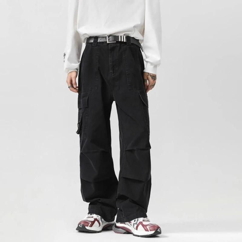 

Straight Oversize Cargo Pants for Men Plain Spring Summer Y2k Vintage Nylon Long Cheap High Quality Luxury Street Trousers Man