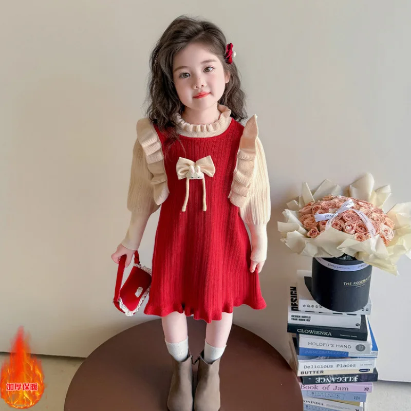 

Girls' Dress Autumn Winter Outfit2025New Children's Sweater Princess Dress Baby Girl Sweet Pink Knitted Skirt