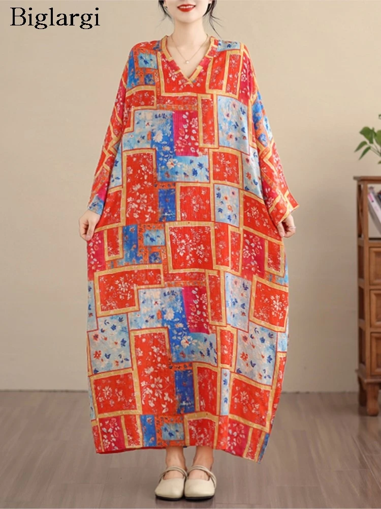 Spring Dress Women Oversized Flower Floral Print Fashion Long Sleeve Ladies V-Neck Dresses Casual Loose Woman Long Dress