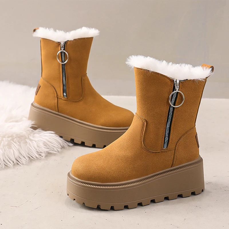 

Platform Snow Boots Women Flats Fur Shoes Fashion Plush Short Boots 2025 Winter Sport Walking Shoes Warm Zip Boots Mujer Zapatos