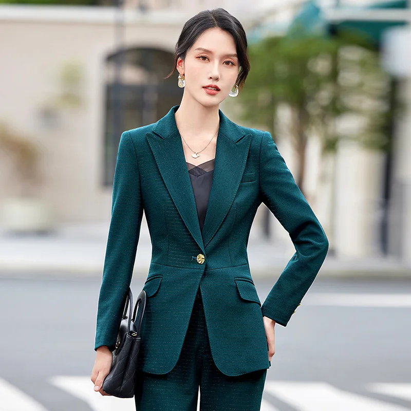 Professional Women's Suit2024New Autumn Green Gold Thread Striped Suit Fashionable Elegant High-end Manager Workwear