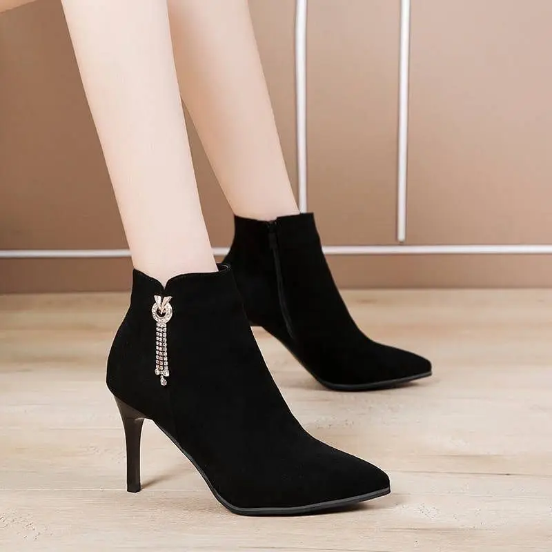 Women's Ankle Boots Sexy Pointed Toe Booties Black Female Short Shoes Very High Heels Heeled on Offer Autumn Chic and Elegant Pu