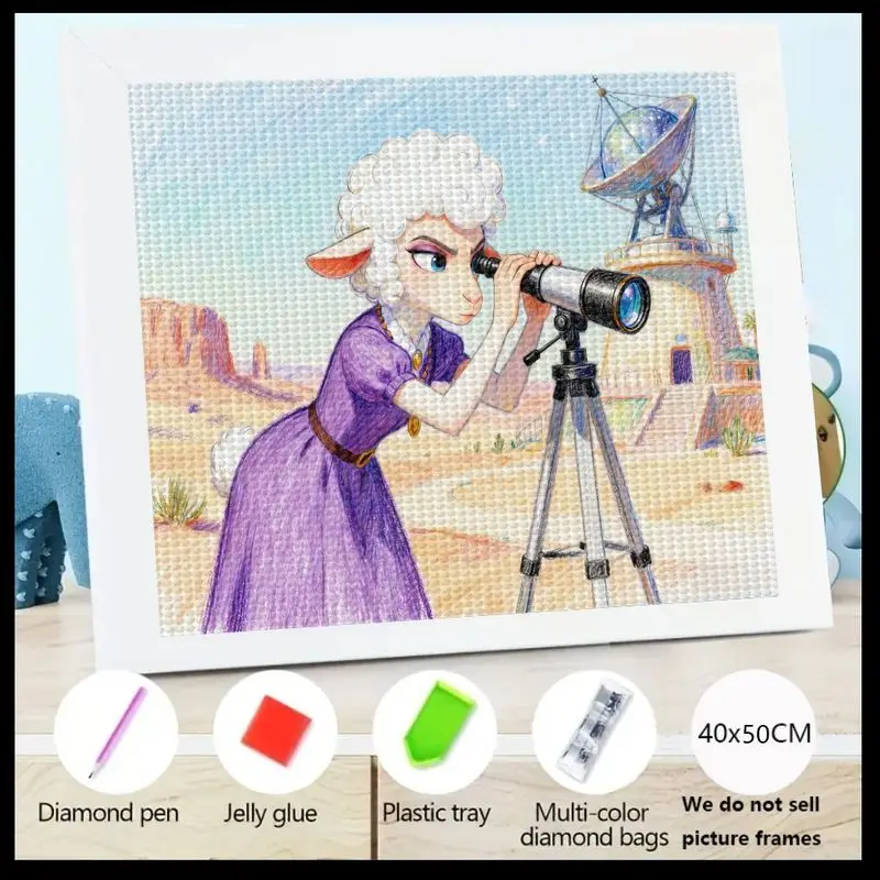 

1 шт. 5D DIY комплект алмазной живописи, мультяшная антропоморфная овца, ученый через телескоп и спутниковое блюдо, сцена в пустыне