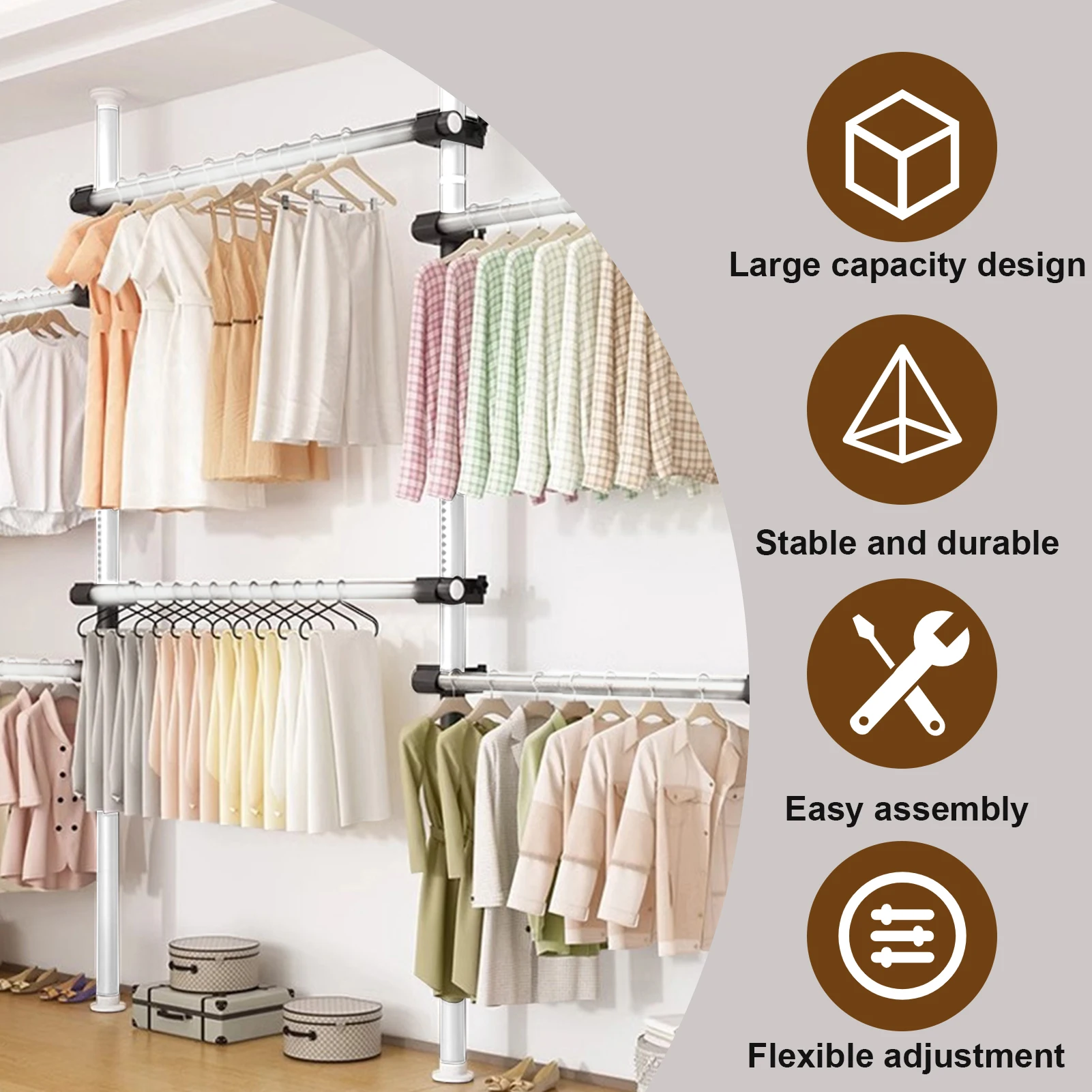 Teleskopische Kleiderstange, Stehende und ausziehbare Kleiderstange, Erweiterbares begehbares Kleiderschranksystem, Wandmontierte Metall-Kleiderständer-Organizer für Boutique, Apartment, Zuhause – Detail 3