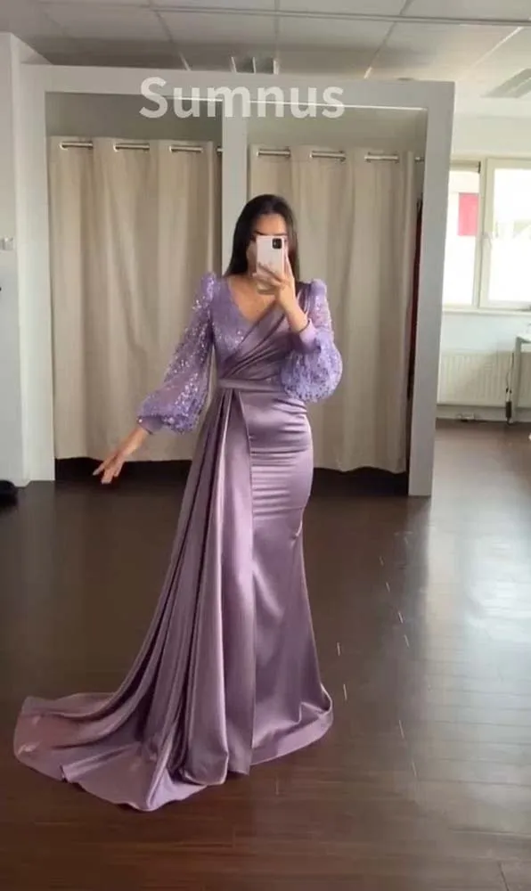 Sumnus Purple Satin Mermaid Evening Dresses Long Sleeve Side Slit Saudi Arabic Evening Prom Dress Long Dubai Formal Gowns