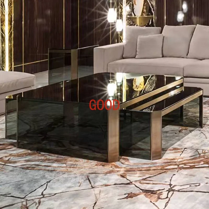 Stainless Steel Light Luxury Living Room Modern Minimalist Tea Table Italian Minimalist Tempered Glass Square Coffee Table