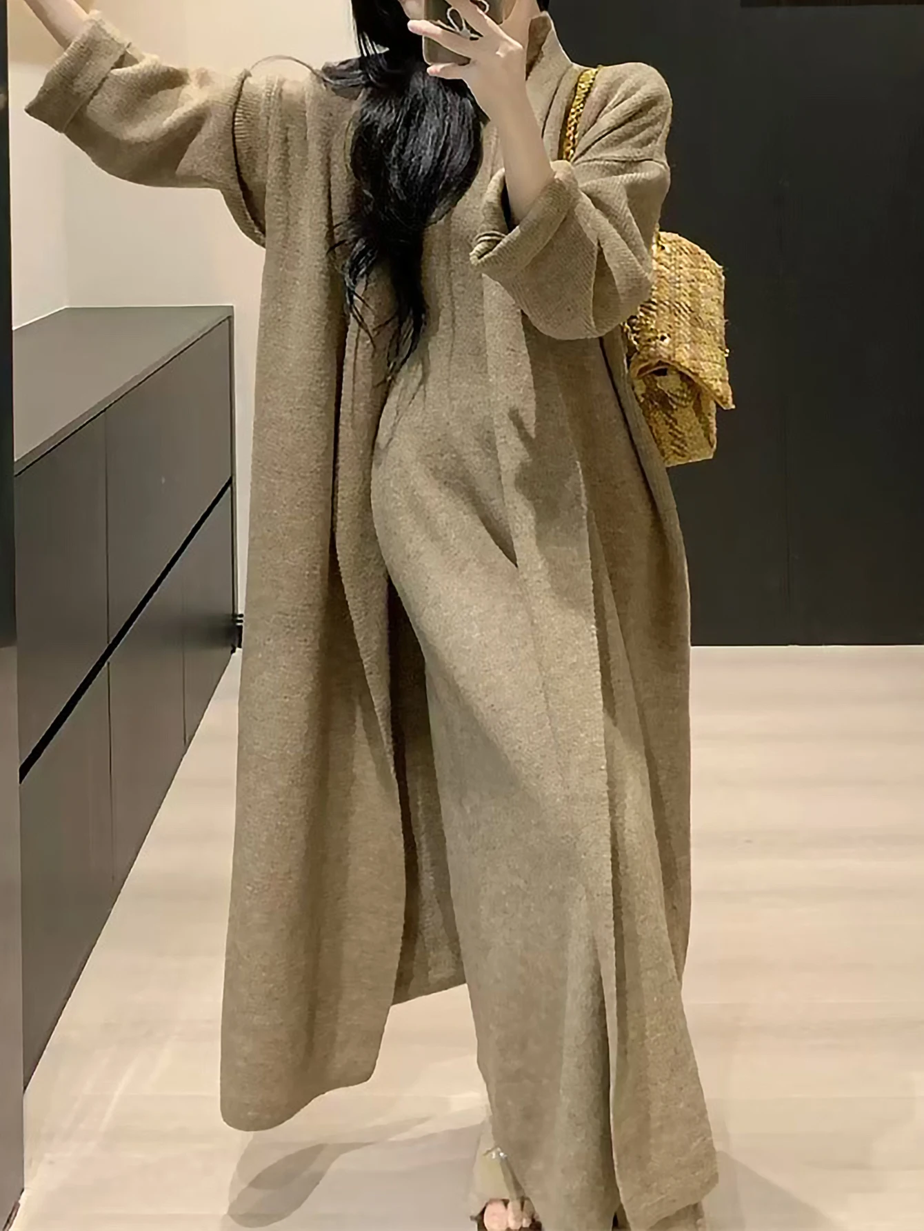 Women's Hong Kong Style Retro Long Knitted Cardigan Turtleneck Dress Set Elegant Sweater Suit for Autumn Winter