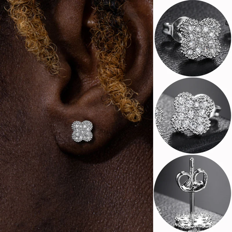 Glänzende Blütenblatt Ohrringe für Frauen Männer Hip-Hop Iced Out Zirkonia Bling Silber Farbe Ohrstecker Zubehör Neuer Schmuck KBE003-1
