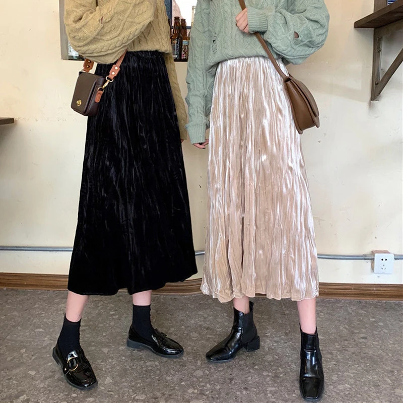 

Lucyever 2022 Autumn Winter Mini Skirts Women Elegant Velvet High Waist Long Skirt Woman Vintage Folds Streetwear A Line Skirts