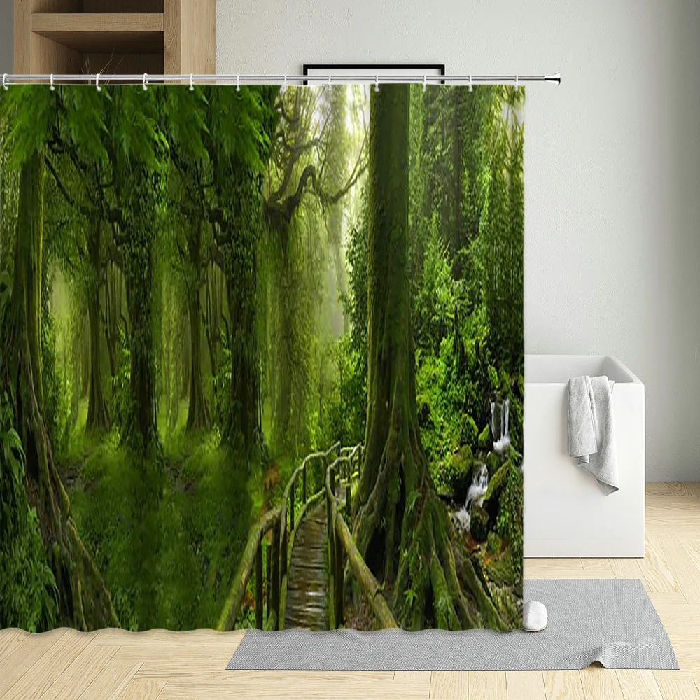 

Tropical Jungle Scenery Shower Curtain Palm Leaf Green Plant Natural Landscape Bathroom Wall Decor With Hook Waterproof Screen