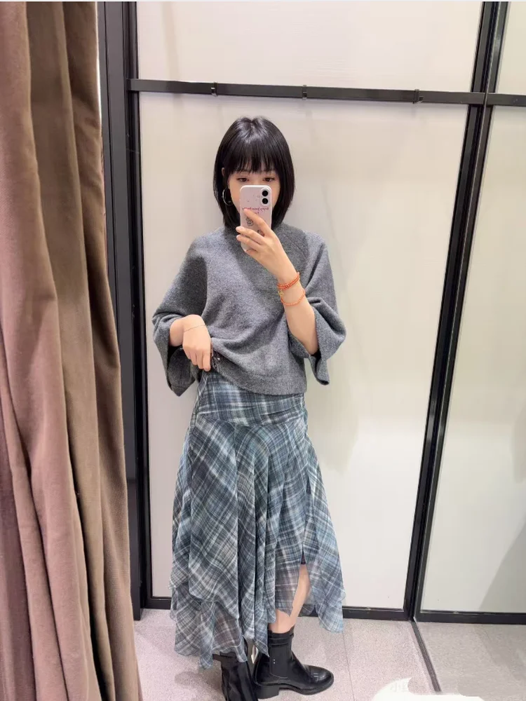 

Асимметричная клетчатая юбка-миди с высокой талией, длинная юбка, новинка зимы 2025, пикантная юбка для девочек, повседневная юбка из полиэфирного волокна
