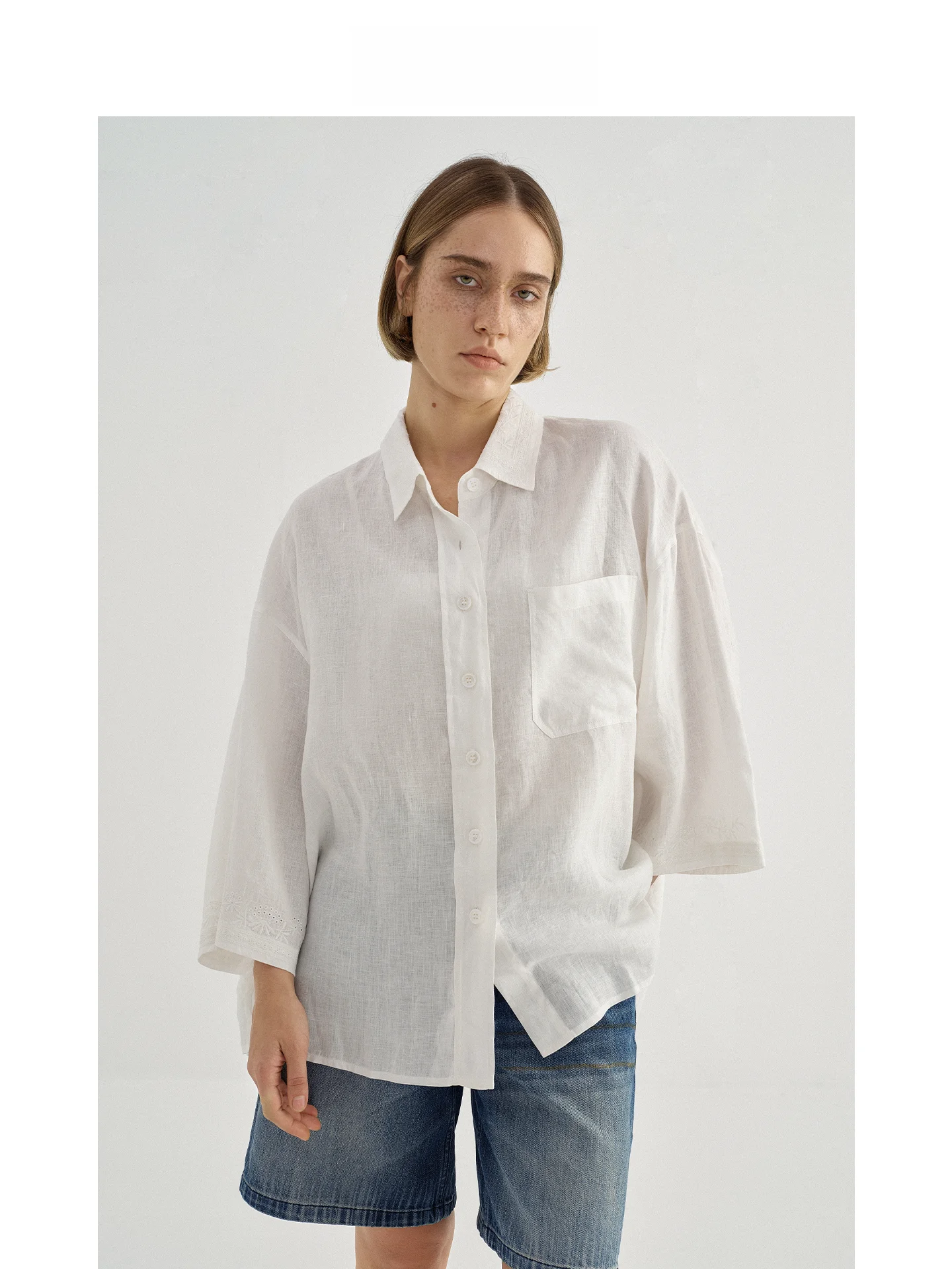 

Eremin Lin Zhi Qing Hollow Embroidered Shirt Linen Lightweight Heavy Embroidery Wide Sleeve Shirt Women's Casual Style