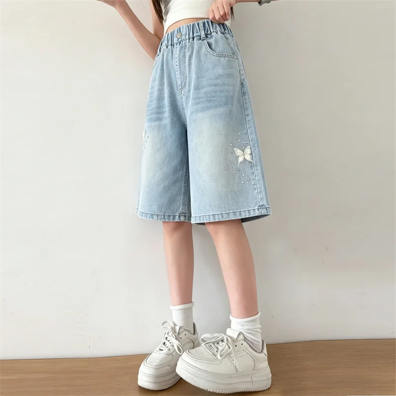 Kids Child New Summer Butterfly Knee-Length Shorts for Tweens Girls Goth Hip Hop Pocket High Waist Thin Capris Blue Short Jeans