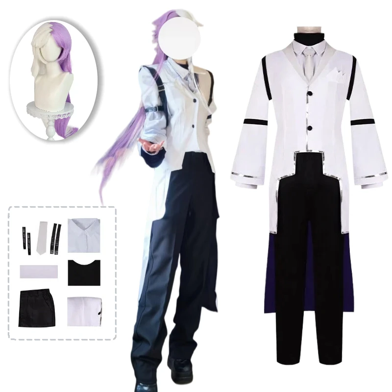 Фото Костюм для косплея Аниме Сигма: белая рубашка, пальто, черные брюки с подкладкой, парик, полный комплект для ролевых игр, наряд для мужчин на Хэллоуин