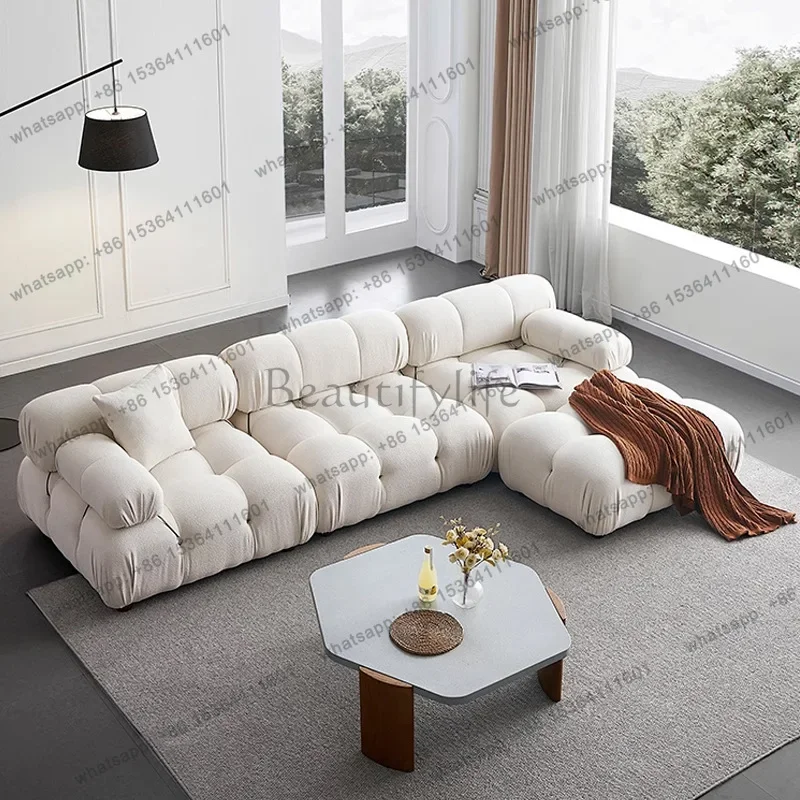 FGCream Modular Sofa Set, Cat-Proof Teddy Fabric 3-Seater with Latex-Foam Fill, Imported Pine Frame, Nordic Retro Style