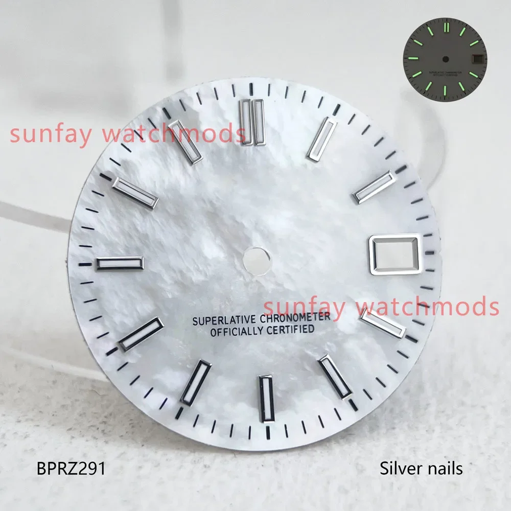 28.5mm Green Luminous Mother-of-Pearl NH35 Date--Just Dial NH35 Watch Accessories Watchmods