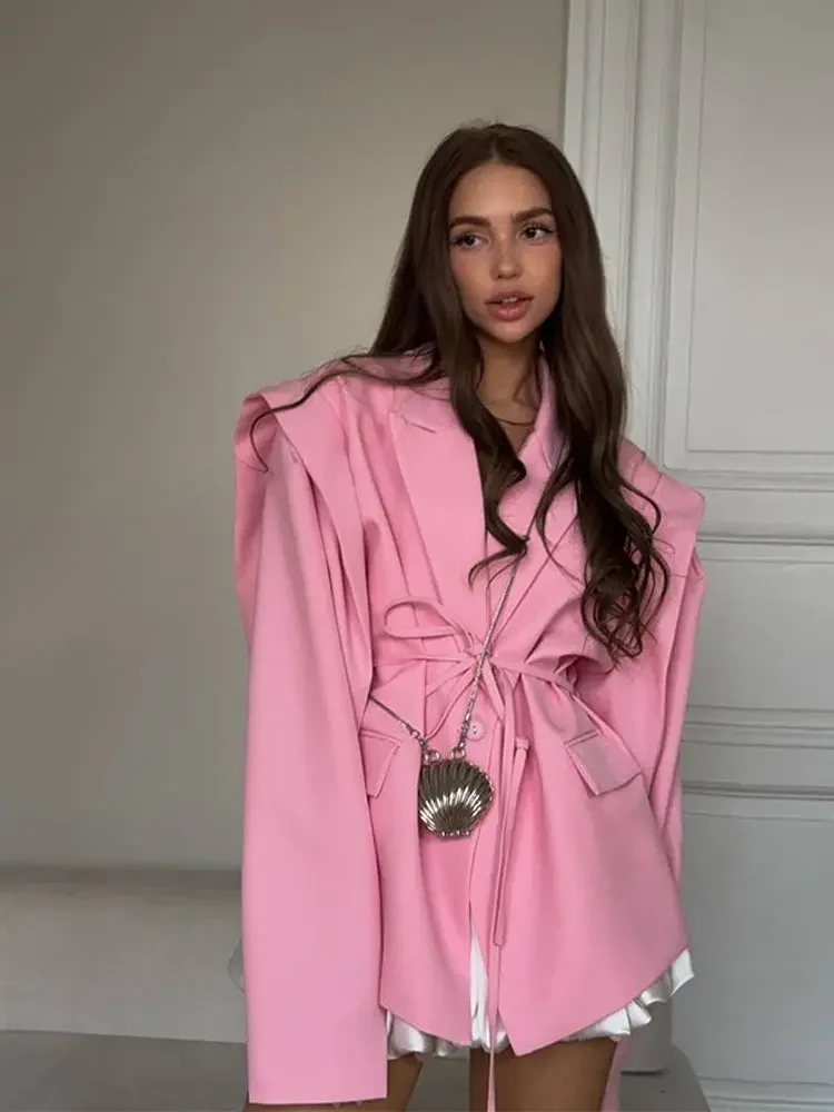 

Lace Up Shoulder Pad Blazer Coat Women Elegant Turn-down Collar Long Sleeve Pockets Slim Fit Chic Ladies Commute Coats