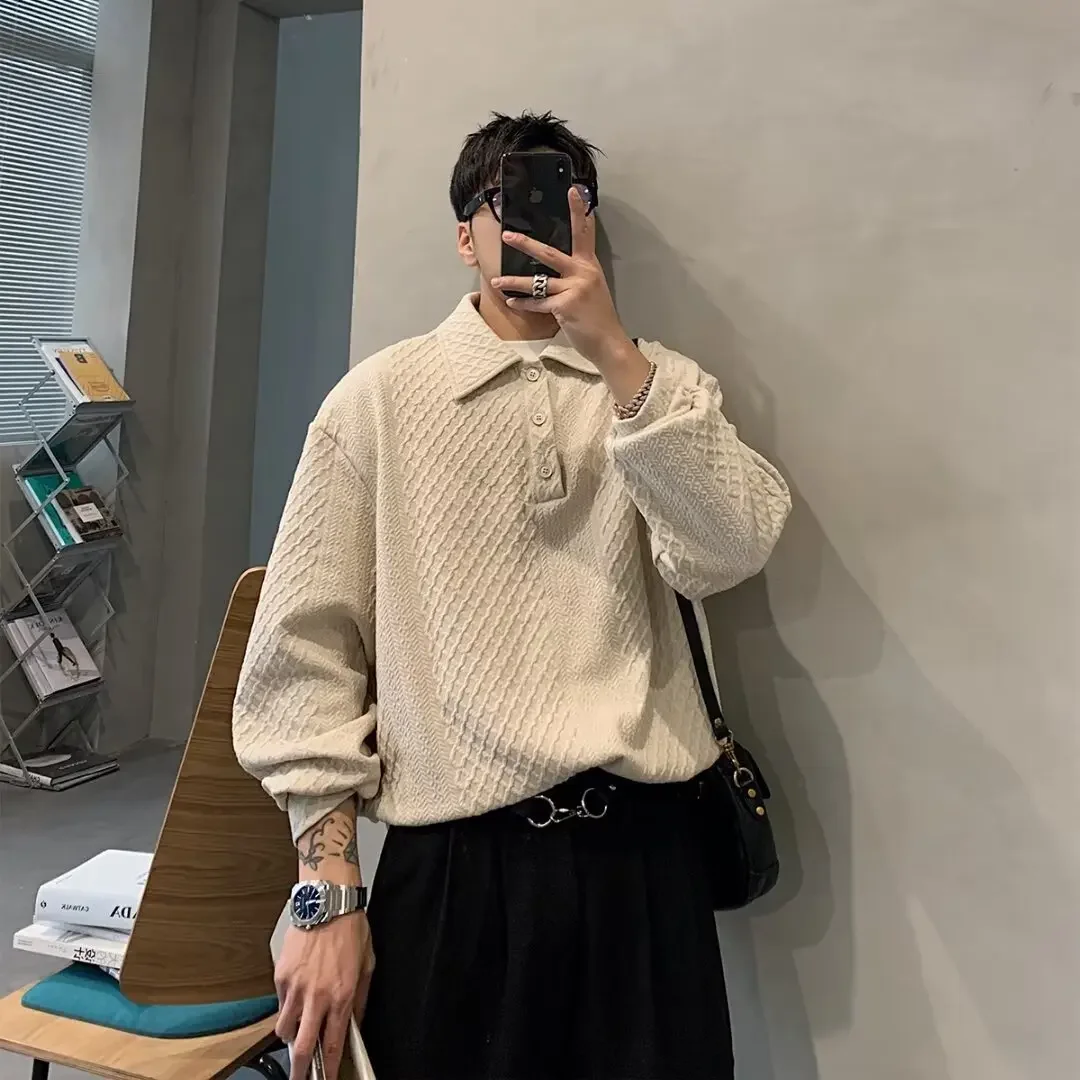 

New Lapel Sweatshirt Men's American High Street Loose Top Fashionable Skinny Pullover Polo Shirt JJ810